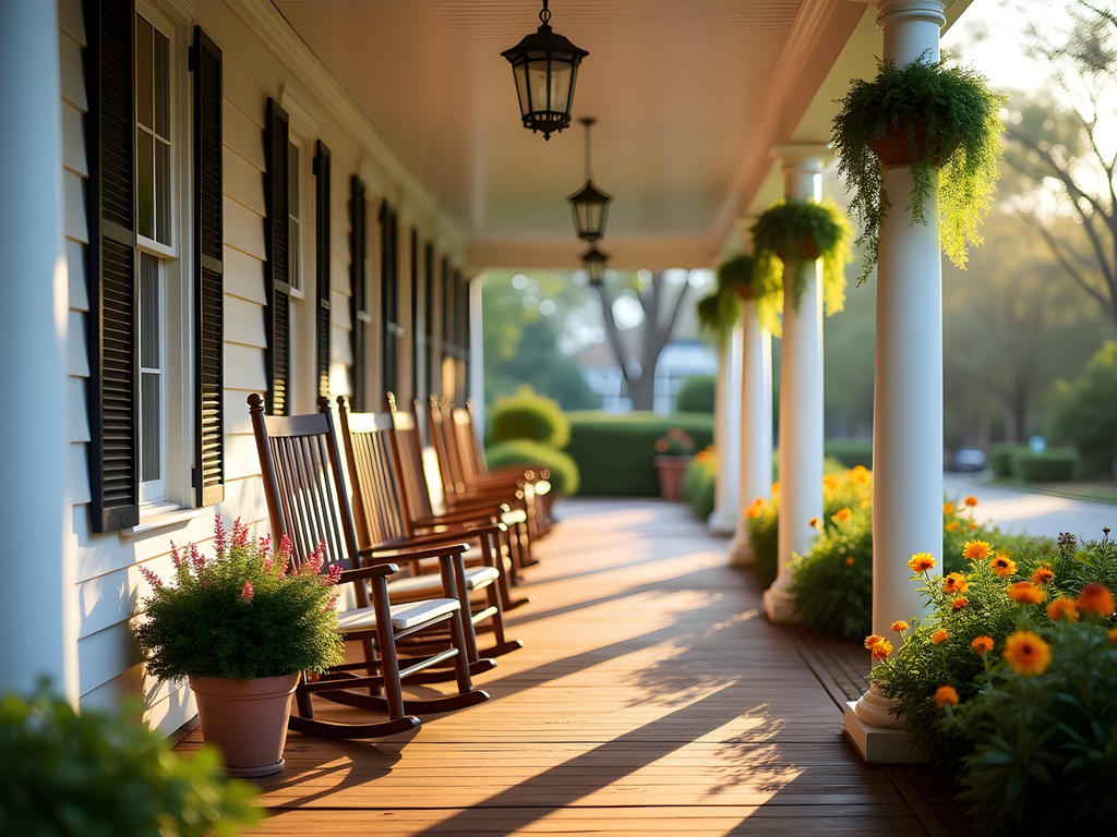 Historic bed and breakfast veranda in Albany with rocking chairs and spring flowers
