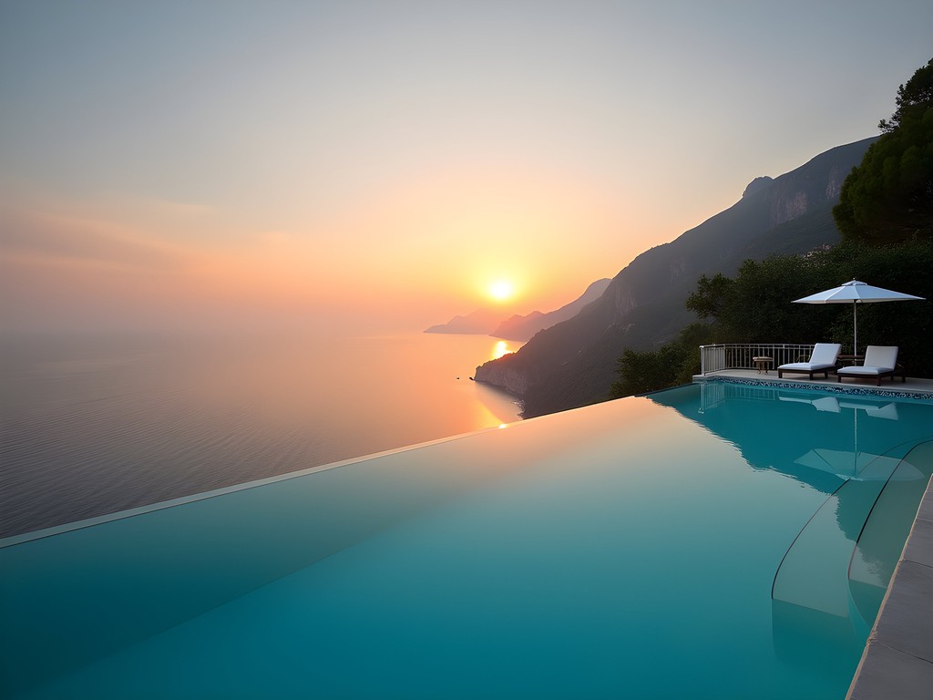 Infinity pool at Belmond Hotel Caruso overlooking the Amalfi Coast at sunset