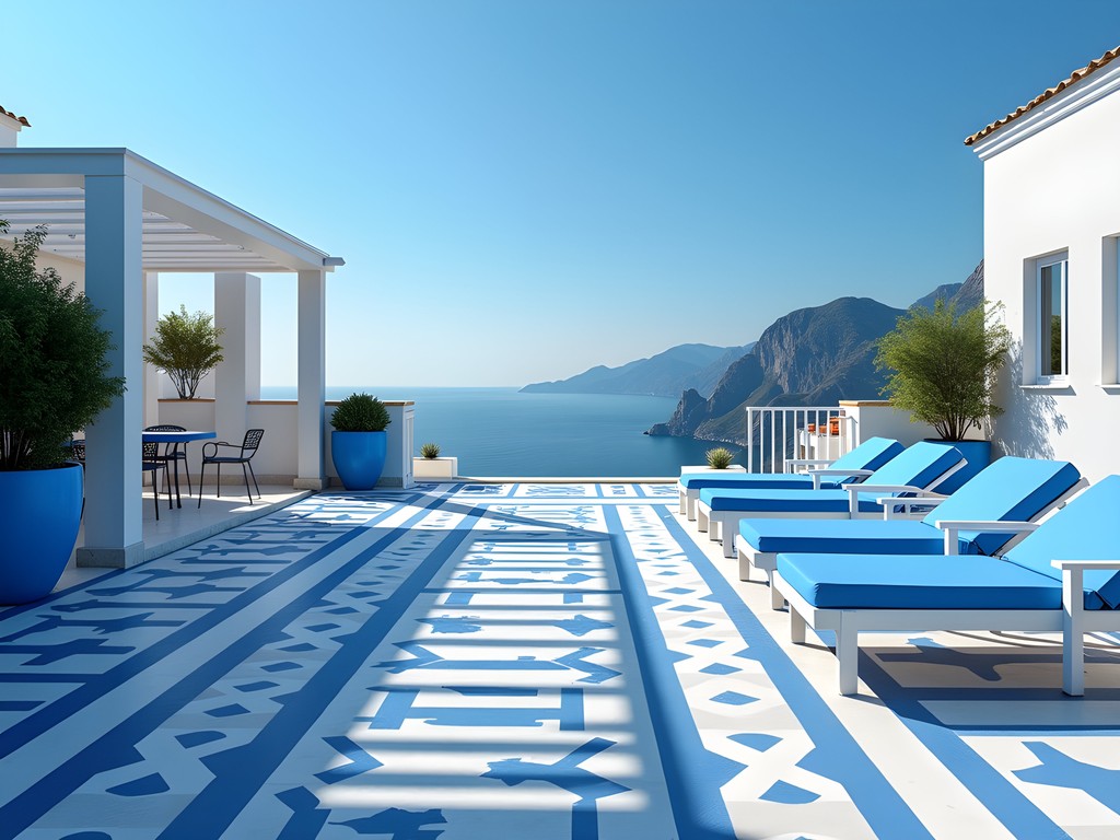 Blue and white themed terrace at Borgo Santandrea hotel with panoramic Amalfi Coast view