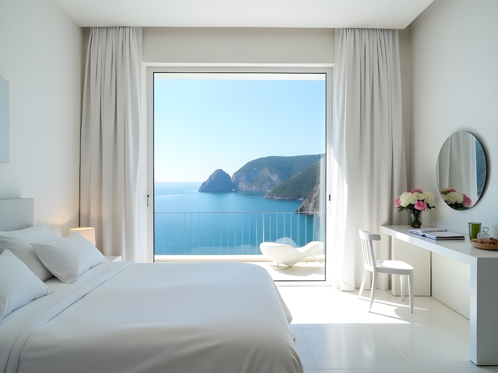 All-white luxury suite at Casa Angelina with panoramic windows framing the Mediterranean Sea