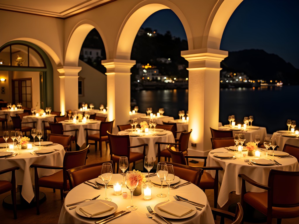 Candlelit dinner at La Sponda restaurant in Le Sirenuse hotel overlooking nighttime Positano