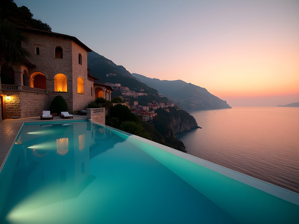 Infinity pool at Monastero Santa Rosa Hotel overlooking the Amalfi Coast at sunset
