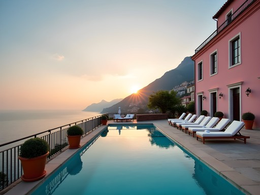 Rooftop pool at Palazzo Avino in Ravello with panoramic Amalfi Coast views at sunset