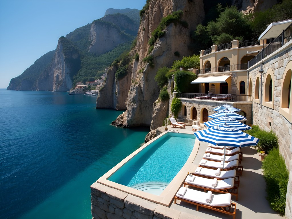 Beach club and sea-level pool at Hotel Santa Caterina with traditional umbrellas and Mediterranean views