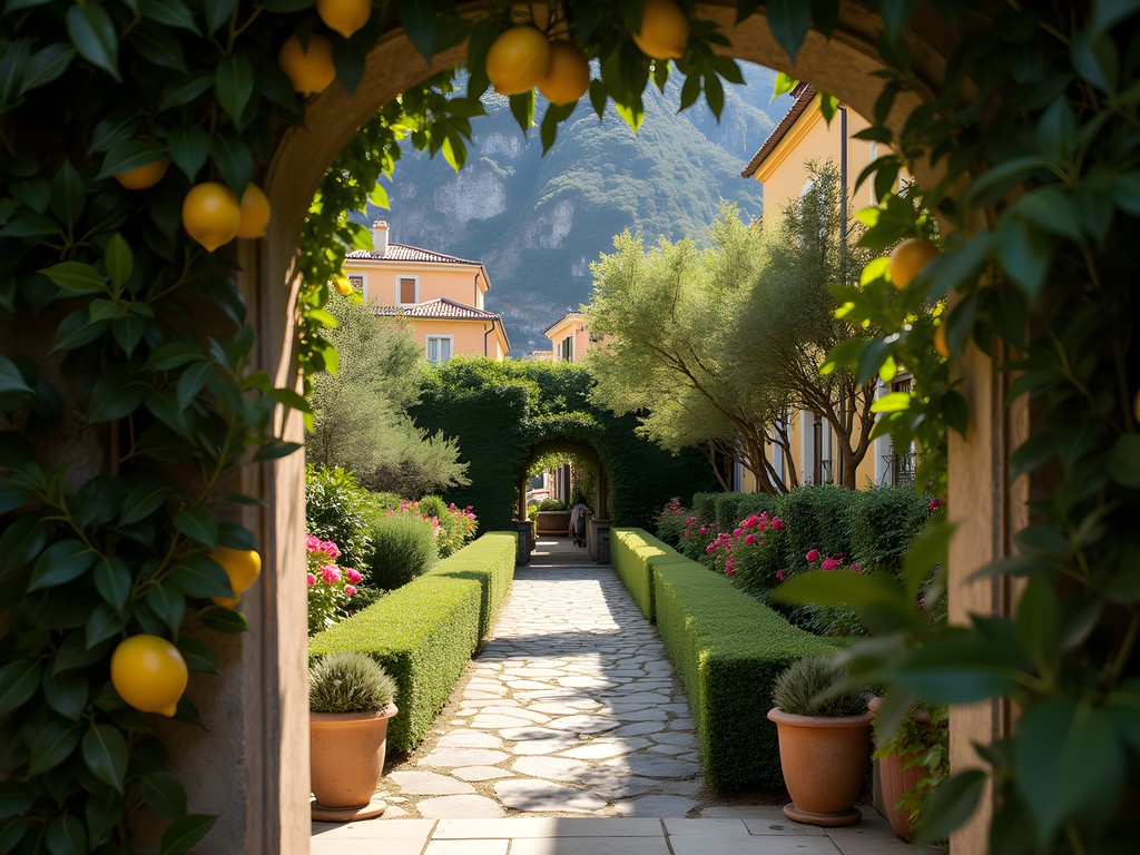 Lush Mediterranean gardens at Villa Treville with stone pathways and views of Positano