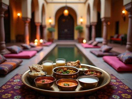 Family enjoying traditional Punjabi dinner in haveli courtyard in Amritsar