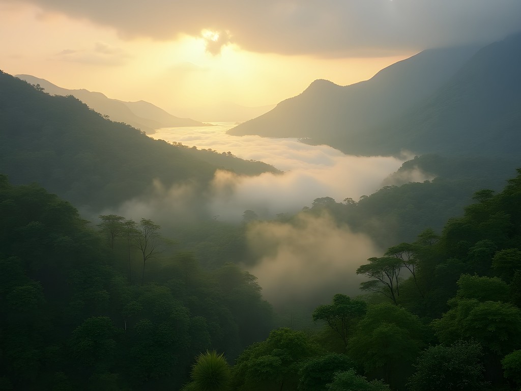 Morning mist rising over Andasibe rainforest canopy with mountains in background