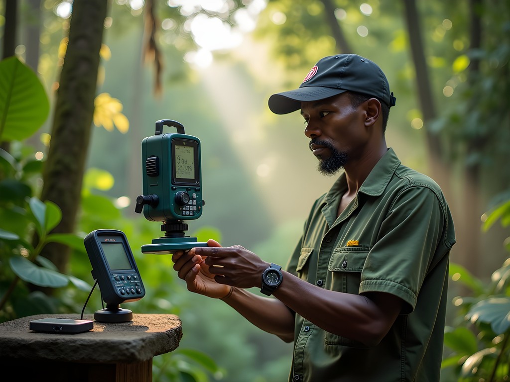 Dermatologist Brandon Carroll monitoring weather patterns and humidity levels in Andasibe rainforest