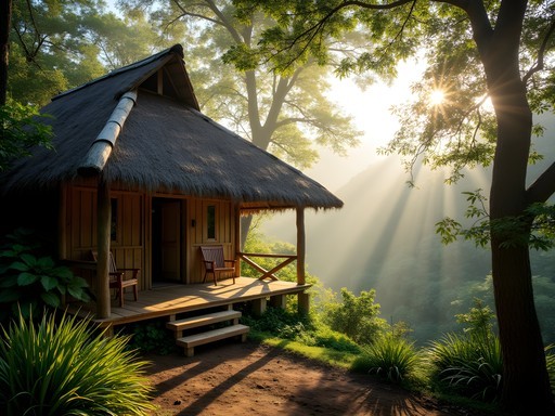 Simple wooden bungalow at Feon'ny Ala situated directly at rainforest edge with lemurs visible in nearby trees
