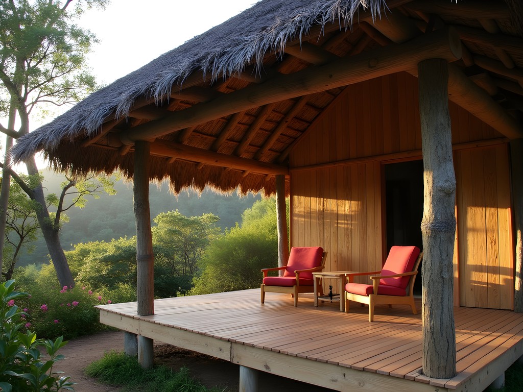 Wooden bungalow at Vakona Forest Lodge with private porch overlooking lush vegetation