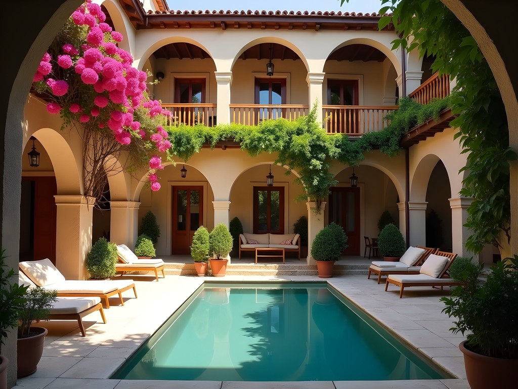 Charming courtyard of a boutique hotel in Antalya's historic Kaleiçi district with traditional Ottoman architecture
