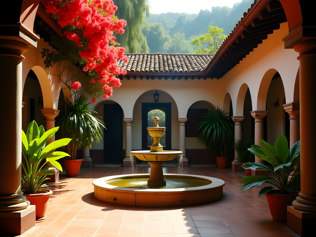 Lush interior courtyard of El Convento Boutique Hotel in Antigua Guatemala with fountain and colonial architecture