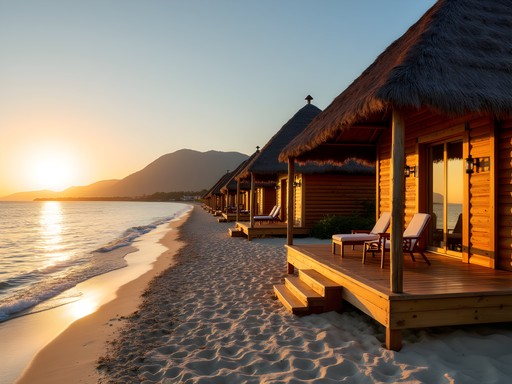 Sunrise over traditional wooden bungalows on Ramena Beach with Mount Amber visible in distance