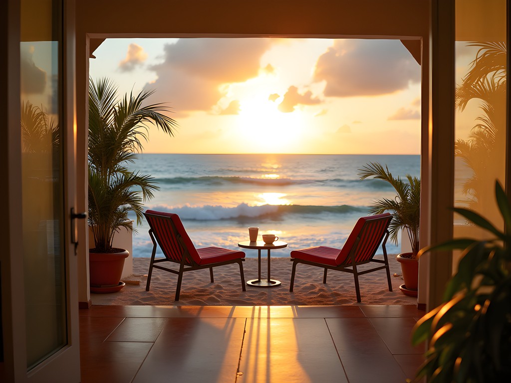 Sunrise view from a beachfront villa in Arecibo with palm trees framing the Atlantic Ocean