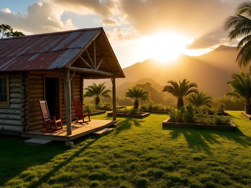 Rustic farm stay cabin with mountain views in rural Arecibo at sunrise