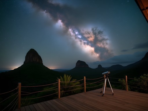 Night sky view from accommodation near Arecibo Observatory showing stars and karst hill silhouettes