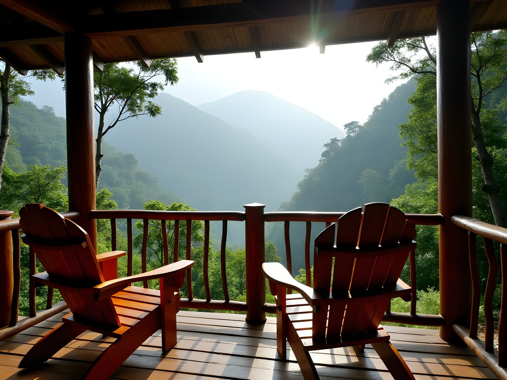 Wooden cabin deck overlooking lush rainforest canopy in Arecibo's highlands