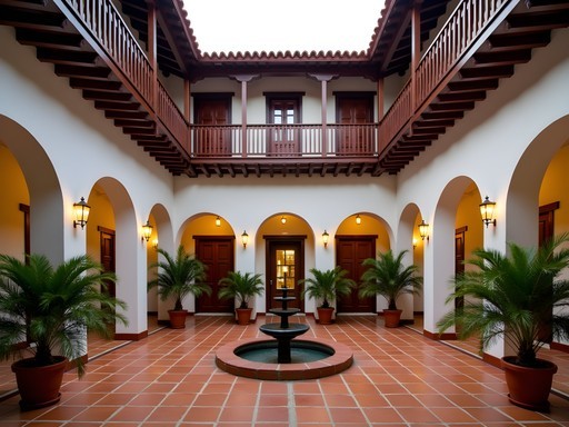Colonial courtyard of a boutique hotel in downtown Arecibo with tropical plants and traditional architecture