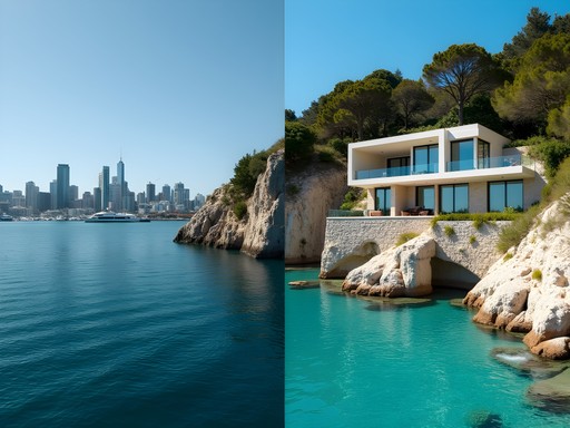 Split image comparing Auckland harbor luxury accommodation with Cretan beachfront villa