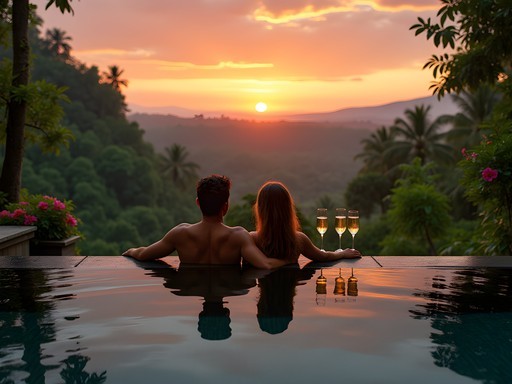 Couple enjoying sunset from infinity pool at bamboo villa in Bali