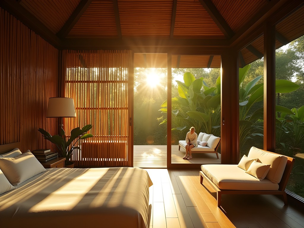 Sunlight filtering through bamboo architecture in a luxury Bali eco-retreat