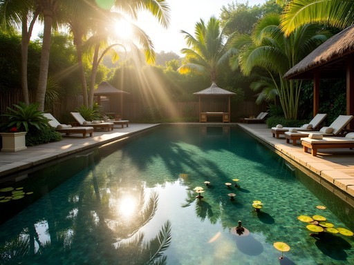 Natural swimming pool surrounded by bamboo structures at Bambu Indah eco-resort in Bali