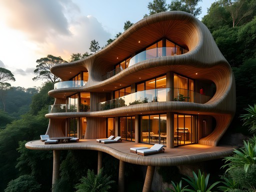 Multi-story bamboo villa at Green Village Bali with dramatic architecture