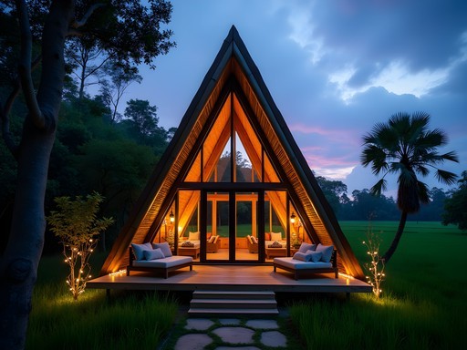 A-frame bamboo cabin with glowing interior lights at Hideout Bali at dusk