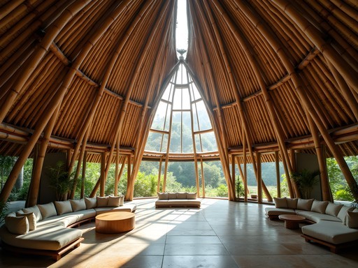 Interior of dramatic bamboo dome structure at Ulaman Eco Retreat in Bali