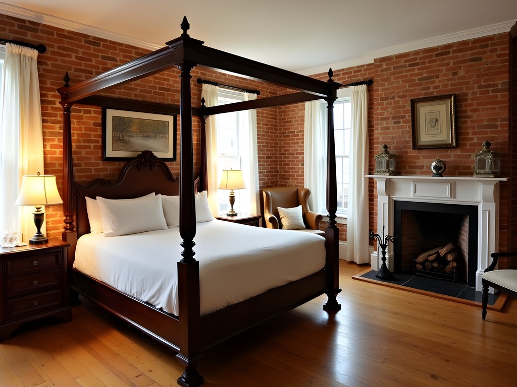 Historic boutique hotel room with exposed brick walls, four-poster bed, and Federal-era architectural details