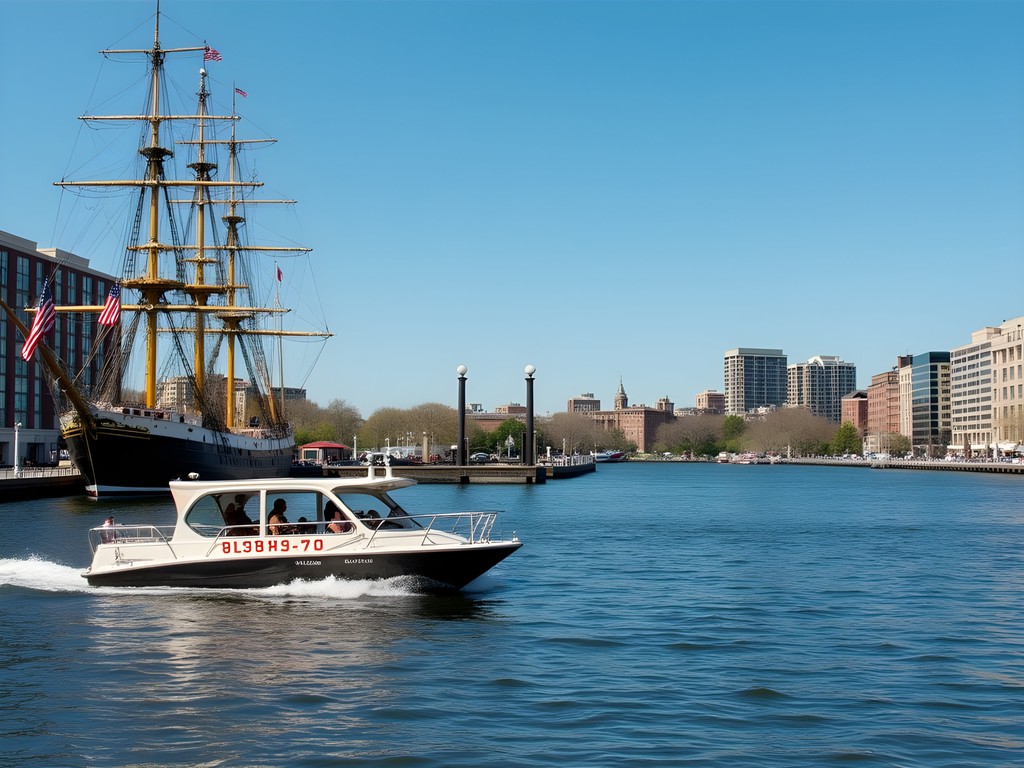 Baltimore water taxi cruising Inner Harbor with historic ships and Fort McHenry in background
