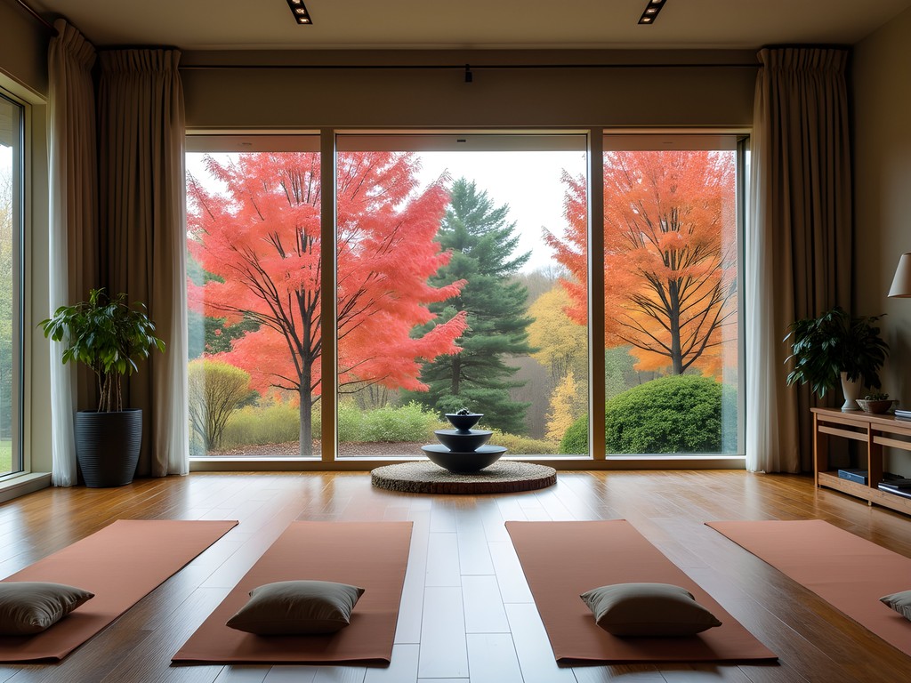Morning yoga space at Zen Garden Inn with autumn views