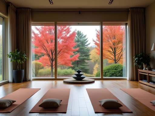 Morning yoga space at Zen Garden Inn with autumn views