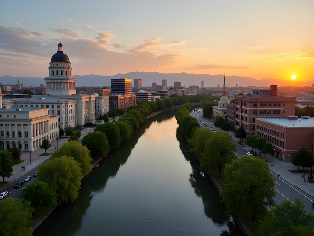 Boise downtown skyline at sunset with Idaho State Capitol building