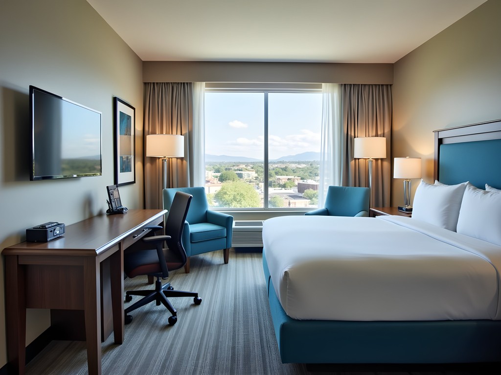 Clean modern hotel room with desk area and city views in Boise