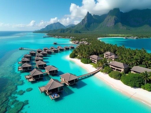 Aerial view of luxury resort in Bora Bora showing overwater bungalows and beach villas