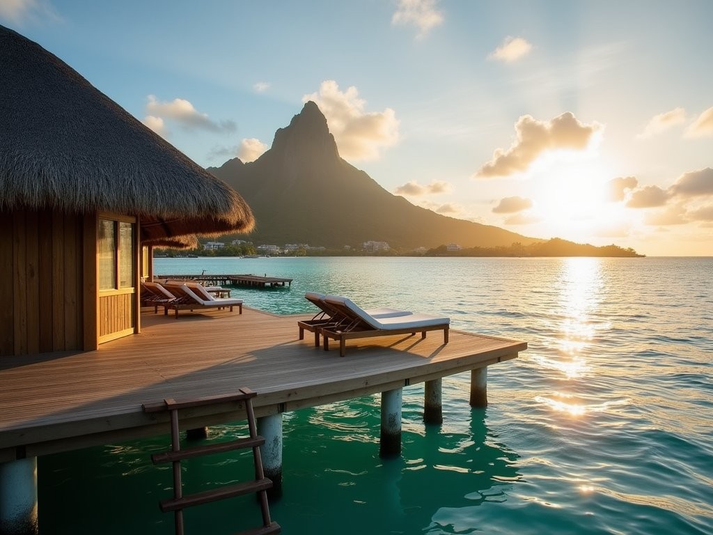Sunrise view from an overwater bungalow in Bora Bora with Mount Otemanu in the background