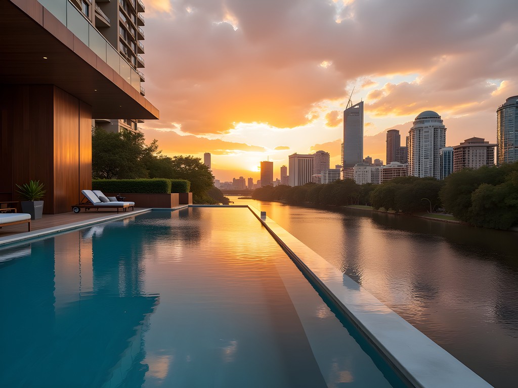 Luxury hotel infinity pool overlooking Brisbane River at sunset