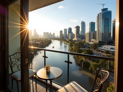 View of Brisbane River and city skyline from mid-range apartment balcony