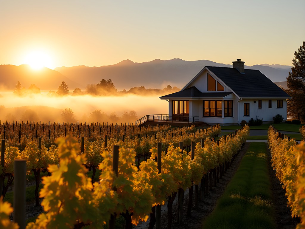 Guest cottage overlooking Idaho vineyard rows at sunrise during fall harvest