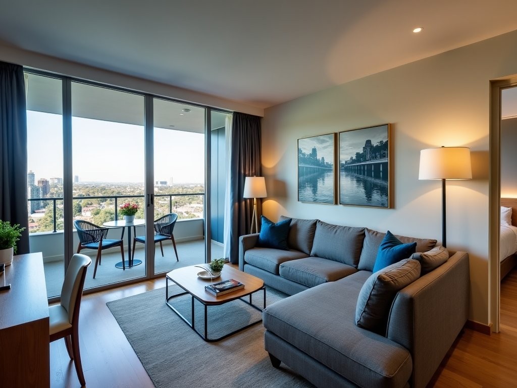 Stylish living area in a boutique apartment at Avenue Hotel Canberra with city views