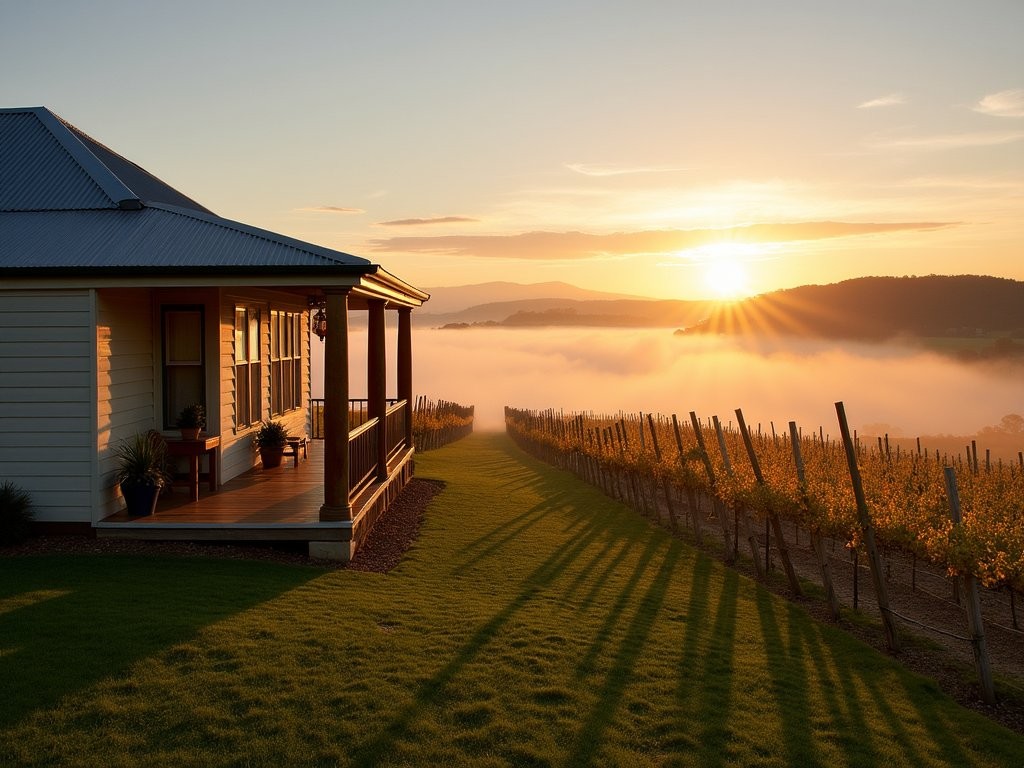 Misty sunrise view over vineyards from the Owner's Cottage at Contentious Character winery near Canberra