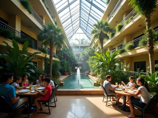 Tropical atrium with morning light at Embassy Suites San Juan showing lush vegetation and water features