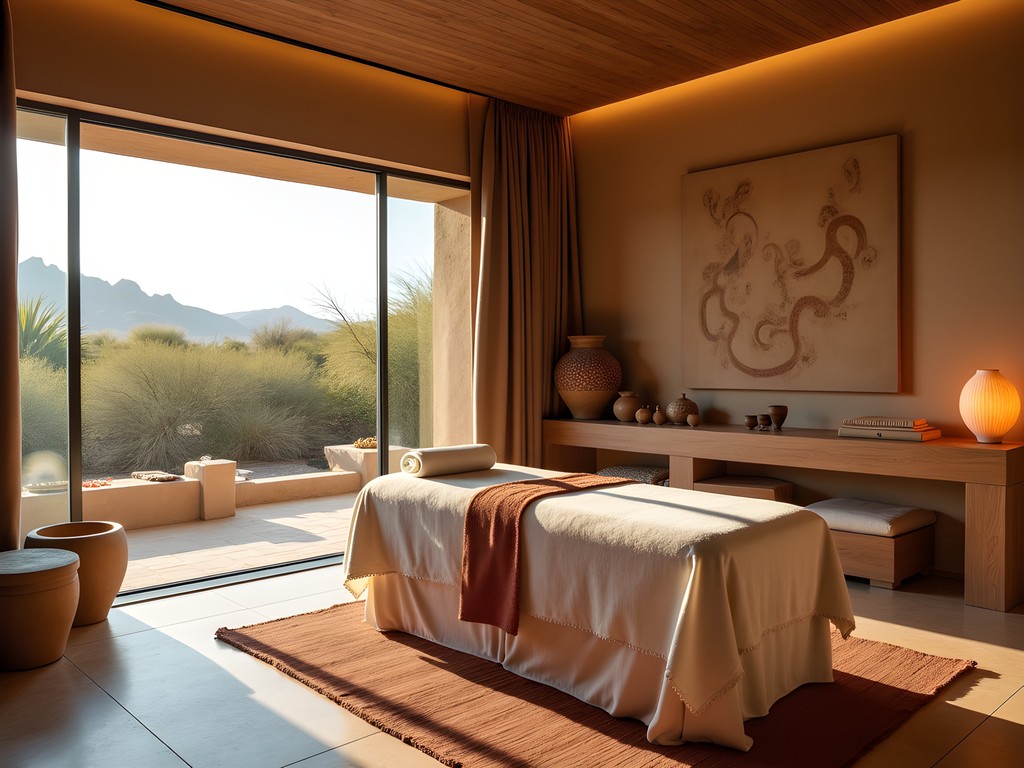Indigenous-inspired treatment room at Aji Spa with panoramic desert views
