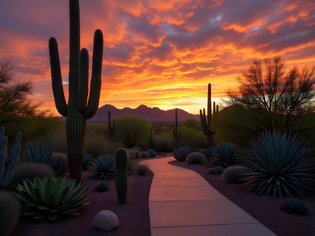 Saguaro cacti silhouettes against dramatic sunset sky at Desert Botanical Garden