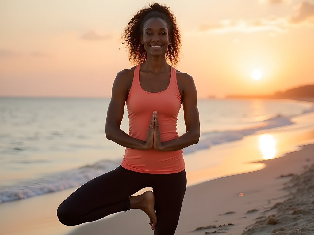 Woman practicing yoga on private beach at sunrise at Chesapeake Bay Beach Club