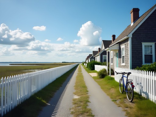 Bicycle on narrow lane with traditional houses on Tangier Island Chesapeake Bay