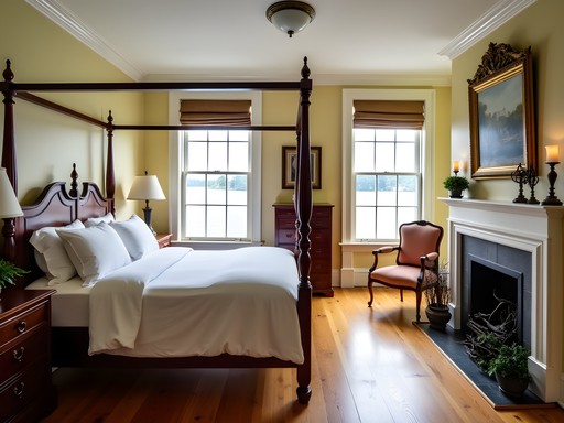 Historic four-poster bed in colonial-era bedroom overlooking Severn River at Warner Hall