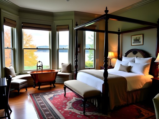 Elegant Harbor Suite at Bayside Manor with bay windows overlooking Lake Champlain in fall