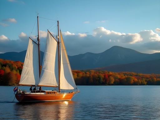 Couple sailing on Lake Champlain surrounded by fall foliage in Colchester, Vermont